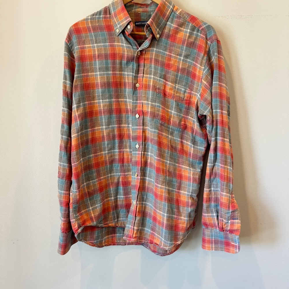 Casual Plaid Button-Down Shirt in Orange & Blue